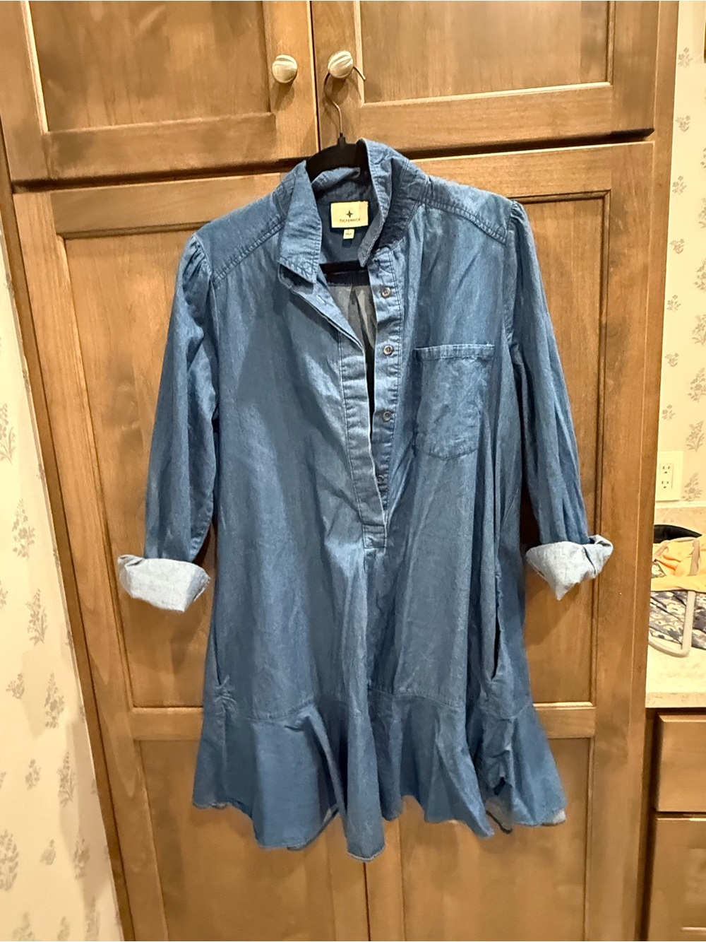 Tuckernuck Denim Chambray Ruffle-Hem Long-Sleeve Dress - Blue